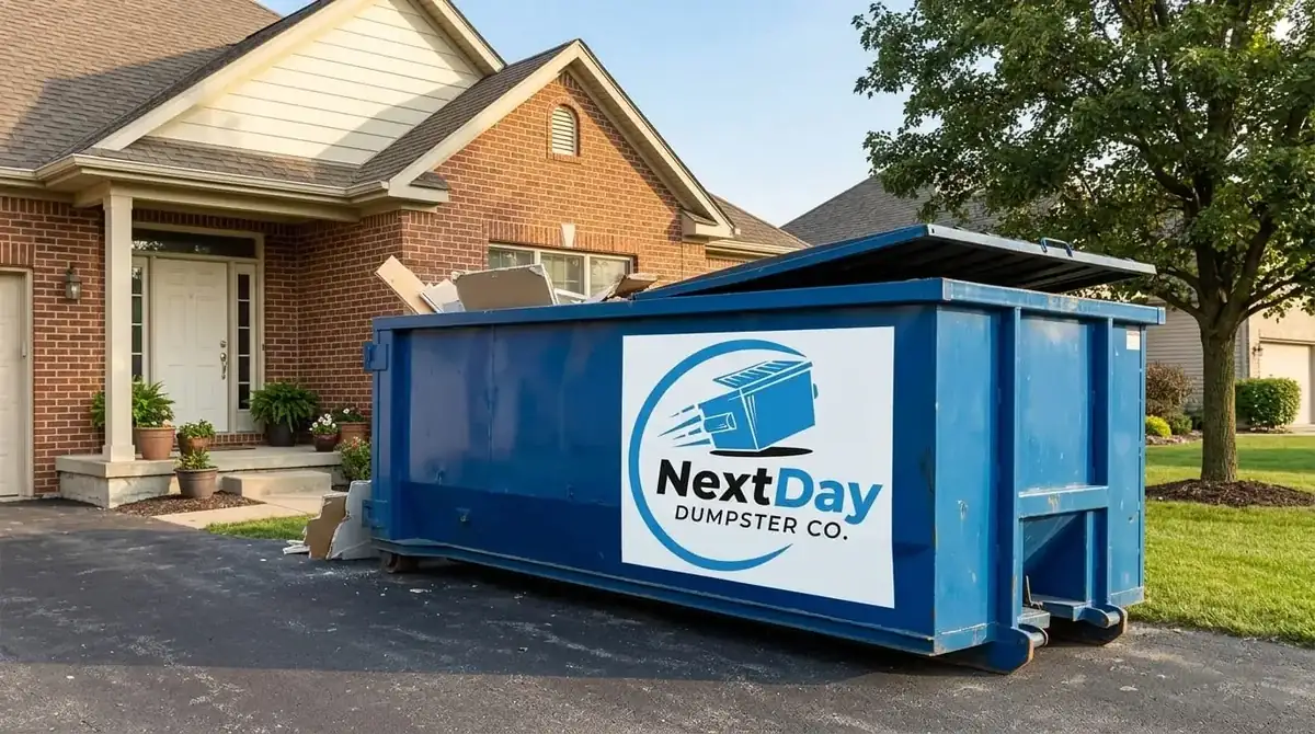 A loaded blue roll-off container on the driveway of a brick house