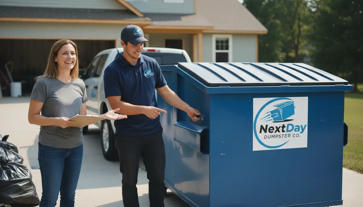 A smiling homeowner holding a clipboard beside a crew member and a blue container on her driveway