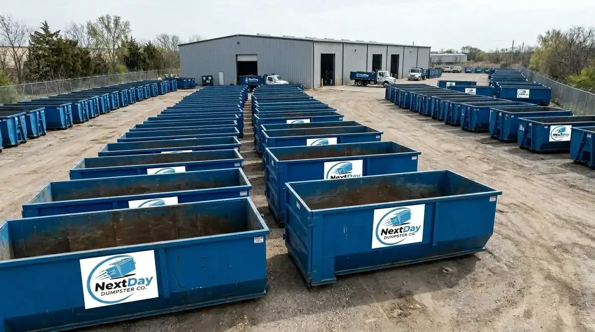 Rows of empty blue roll-off containers in a gravel yard beside a metal building, with roll-off trucks parked behind